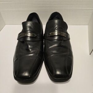 Guess Mens Black Leather Square Toe Loafers Metal Logo Plate Dress Shoes Sz 9.5
